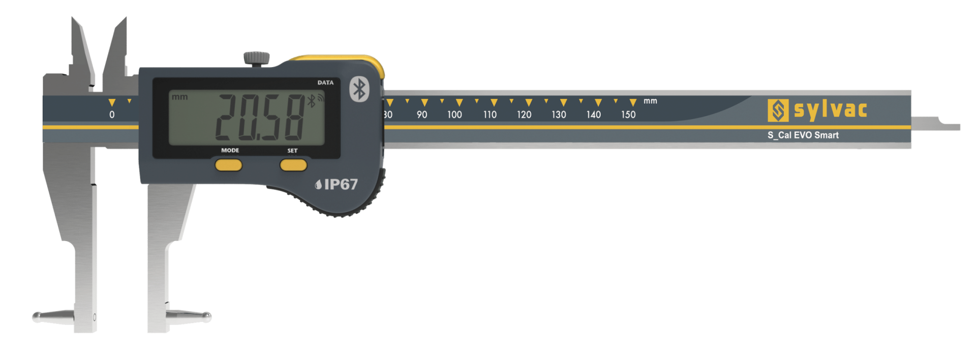S_Cal Evo Bt Smart, IP67 Korumalı Bilye Uçlu Çeneler, Dikdörtgen Kesitli Dijital Kumpas (0-150mm)